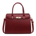 Elegant wine red Saffiano leather handbag with golden lock and adjustable strap - Red