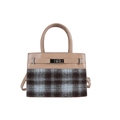 Contrast checkered handbag with brown leather trim and metallic turn-lock closure - Khaki