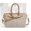 Borsa tote in tessuto beige con finiture in pelle marrone e tracolla - Cachi