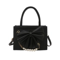 Elegant black bow handbag with pearl gold chain strap for women in a structured design - Black