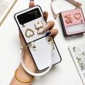 Elegant white Galaxy Z Flip folding phone case with 3D bear, gold heart and wrist strap - White / Samsung ZFlip3