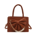 Brown faux leather handbag with pearl bow decoration and detachable shoulder strap - Brown