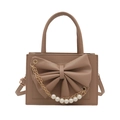 Brown sweet bow crossbody bag with pearls and gold chain strap in matte leather - Khaki