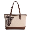 Grande borsa tote in tela beige e marrone con finiture in pelle e foulard decorativo - Marrone
