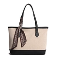 Grande borsa tote in tela beige con finiture in pelle nera e foulard di seta decorativo - Nero