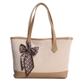 Borsa tote in tela beige con finiture in pelle marrone e ciondolo a fiocco - Cachi