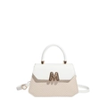 Elegante borsa a tracolla in pelle bianca e intreccio beige con fibbia a M d'oro - Bianco