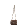 Brown suede crossbody bag with white wavy stitching and elegant gold chain strap - Brown