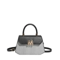 Elegante borsa a trapezio bicolore in pelle nera e tweed con fibbia dorata - Nero