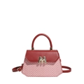 Mini borsa chic in pelle rossa e tessuto scozzese con fibbia in metallo M e manico - Rosso