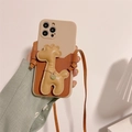 Funda beige de jirafa 3D para móvil con tarjetero de cuero marrón y correa cruzada - Caqui / iPhone 14 Pro