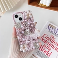 Dettagli custodia lussuosa rosa con fiori di perle, cristalli e cinturino a farfalla - iPhone 7/8/SE 2020 / Stile Pendente Farfalla Rosa