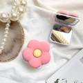 Pink flower-shaped portable phone stand with a built-in makeup mirror and yellow center - Rose Red