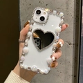 Detail of luxury mirror phone case with heart design, faux pearls, and colorful rhinestones - iPhone 7/8/SE 2020 / Dazzling Pearl Rhinestone - With Mirror