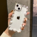 Luxury iPhone case with rhinestones and pearls on transparent soft cover, handheld view - iPhone 7/8/SE 2020 / Dazzling Pearl Rhinestone - Clear