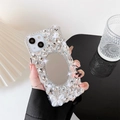 Luxury rhinestone phone case with makeup mirror and pearl bear charm for Samsung S22 Plus - Silver Bear Mirror / iPhone 14 Pro