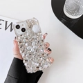 Luxury iPhone case featuring handmade white pearls, rhinestones and silver bunny design - Silver Flower Rabbit / iPhone 14 Pro