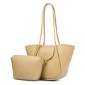 Elegante conjunto de bolso beige con diseño de pétalos y cierre giratorio dorado - Caqui