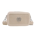 Retro cream beige woven crossbody bag with metallic M logo and leather trim for women - White