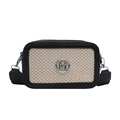 Crossbody camera bag in black leather and beige woven material with metallic M logo - Black