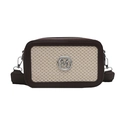 Brown and beige straw shoulder bag with silver M logo and adjustable strap - Brown