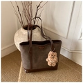 Dark brown large capacity tote bag with suede texture and a plush bear pendant - Coffee With Pendant