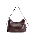 Minimalist large capacity dark brown tote bag with metal chain and glossy leather finish - Coffee Small