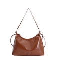 French style brown glossy PU leather handbag with chain strap and printed lettering - Brown Small