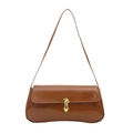 Glossy brown baguette shoulder bag with vintage gold clasp and minimalist leather design - Brown