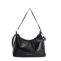 Black glossy hobo bag with metal chain strap and adjustable leather strap for women - Black Small