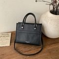 Classic black litchi pattern leather tote bag with dual handles and crossbody strap - Black