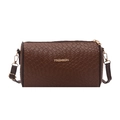 Braune Zylindertasche mit Webmuster, goldenem Fashion-Logo und verstellbarem Gurt - Gewebtes Braun