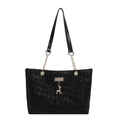Luipaardprint shopper met goudkleurige ketting en hertenhanger op witte achtergrond - Zwart