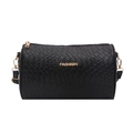 Schwarze gewebte Zylindertasche mit goldenem FASHION-Logo und Schultergurt - Gewebtes Schwarz