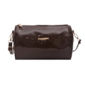 Dunkelbraune Zylindertasche aus Lackleder mit goldenem Logo und verstellbarem Gurt - Braun