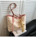 Chic tote bag with pink bear print and cute rabbit pendant for stylish daily commuting - With Pendant / Pink