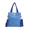 Blue corduroy mini tote bag with vertical stripes, top handles and adjustable strap - Blue