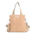 Vertical corduroy mini shoulder bag in light khaki color with white button fastener - Khaki
