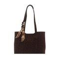 Borsa tote leopardata marrone scuro con un foulard di seta vintage sul manico - Marrone