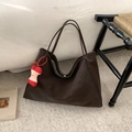 Large dark brown leather tote bag with long shoulder straps and apple plush charm - With Pendant / Brown