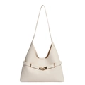 Minimalist cream faux leather shoulder bag with gold buckle strap and sleek triangle shape - White