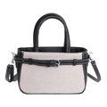 Bolso tipo cubo de lona beige con ribete de cuero negro y correa ajustable - Negro