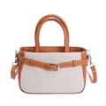 Bolso tote de cuero marrón y lona blanca con bandolera de estilo retro y diseño minimalista - Marrón