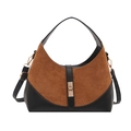 Borsa hobo retrò in pelle scamosciata marrone e pelle nera con fibbia dorata - Marrone