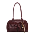 Bolso tote de PU granate brillante con bolsillos de lazo y colgante de cuentas 2025 - Rojo con Colgante