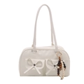 Bolso bowling minimalista blanco crema con lazos y colgante de cuentas sobre fondo blanco - Blanco con Colgante