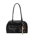Black bowling bag with bow details and wooden bead charm in a retro leather finish - Black