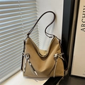 Elegante borsa hobo kaki oversize con cerniere decorative e tracolla marrone scuro - Cachi