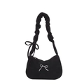 Chic black corduroy hobo bag with embroidered white bow and pleated shoulder strap - Black