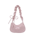 Pink corduroy pleated shoulder bag with embroidered bow design and trendy ruched strap - Pink